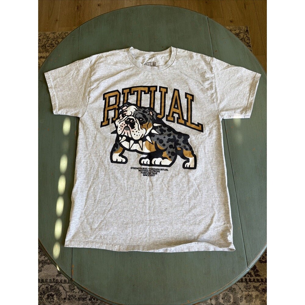 Ritual Gym Shirt Mens Medium Gray Bulldog Graphic‎ Tee Strength Built Streetwear